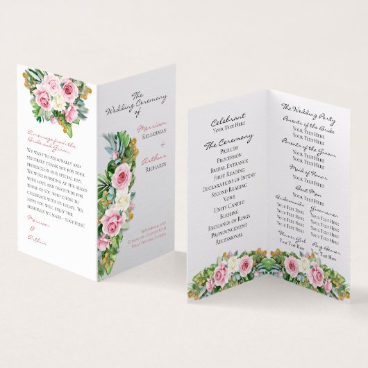 Pink Roses Folded Wedding Program Kaart (Binnen en buitenkant)