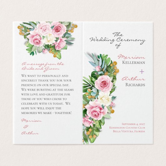 Pink Roses Folded Wedding Program Kaart (Buitenkant ongevouwen)