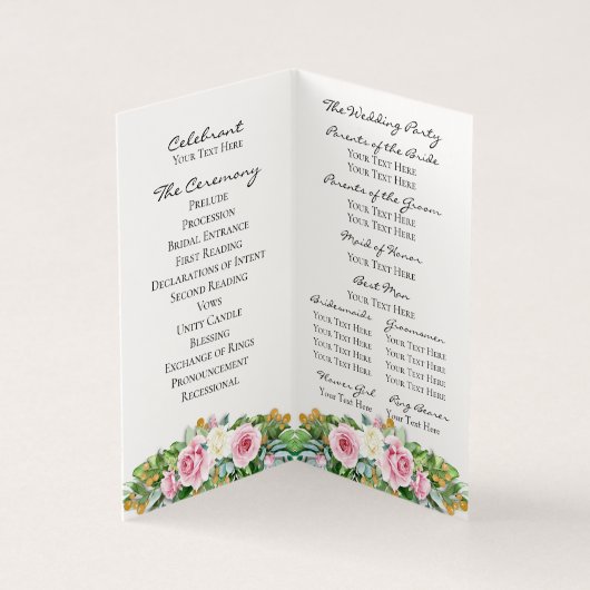Pink Roses Folded Wedding Program Kaart (Binnen)