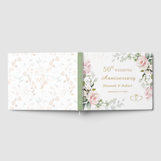 Pink Roses Foliage 50th Wedding Anniversary Gastenboek (Volledig)