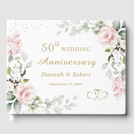 Pink Roses Foliage 50th Wedding Anniversary Gastenboek (Voorkant)