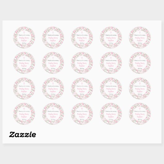 Pink Roses Girl baptism thank you sticker (Vel)