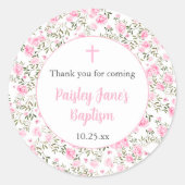 Pink Roses Girl baptism thank you sticker (Voorkant)