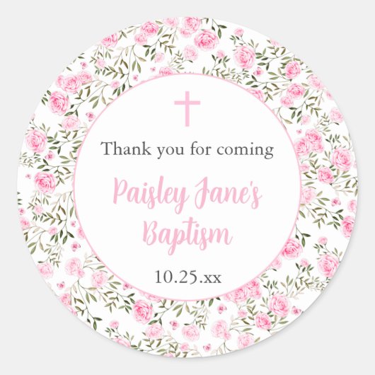 Pink Roses Girl baptism thank you sticker (Voorkant)