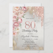 Pink Roses Glitter Drips Gold 80th Birthday   Kaart (Voorkant)
