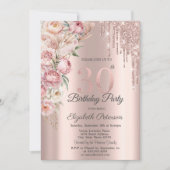 Pink Roses Glitter Drips Roos Goud 30e Verjaardag Kaart (Voorkant)