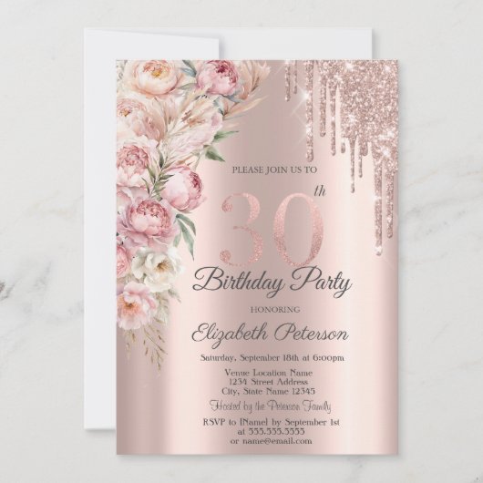 Pink Roses Glitter Drips Roos Goud 30e Verjaardag Kaart (Voorkant)