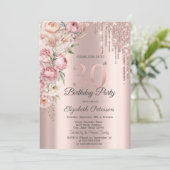 Pink Roses Glitter Drips Roos Goud 30e Verjaardag Kaart (Staand voorkant)