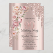 Pink Roses Glitter Drips Roos Goud 90ste Verjaarda Kaart (Voorkant / Achterkant)