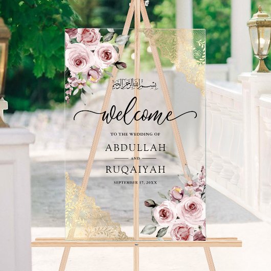 Pink Roses Gold Lace Muslim Wedding Welcome Acryl Bord