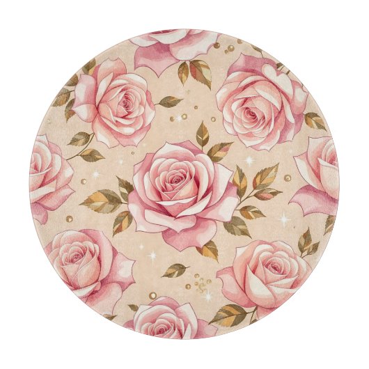 Pink Roses Golden Leaves Pattern Snijplank (Voorkant)