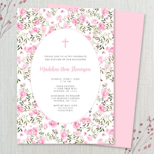 Pink Roses Grandmillenial girl baptism invitation Kaart