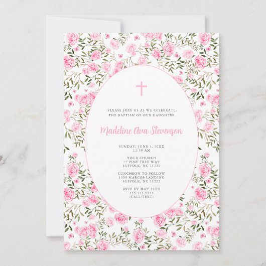 Pink Roses Grandmillenial girl baptism invitation Kaart (Voorkant)