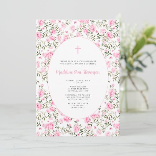 Pink Roses Grandmillenial girl baptism invitation Kaart (Staand voorkant)
