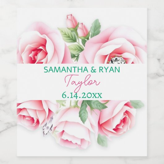 Pink Roses & Green Foliage Wedding Date Wijn Etiket (Enkel label)