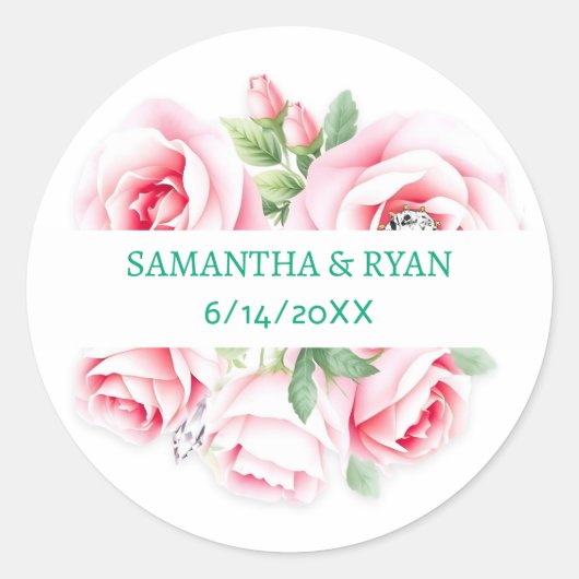 Pink Roses & Green Foliage Wedding Personalized Ronde Sticker (Voorkant)