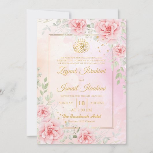 Pink Roses, Green Leaf Gold Islamic Muslim Wedding Kaart (Voorkant)