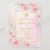 Pink Roses, Green Leaf Gold Islamic Muslim Wedding Kaart (Voorkant / Achterkant)