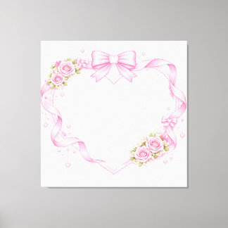 Pink Roses Heart Frame Bow Ribbon Floral Border Canvas Afdruk