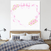 Pink Roses Heart Frame Bow Ribbon Floral Border Canvas Afdruk (Insitu (Slaapkamer))