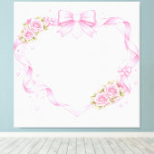 Pink Roses Heart Frame Bow Ribbon Floral Border Canvas Afdruk (Insitu (Houten vloer))