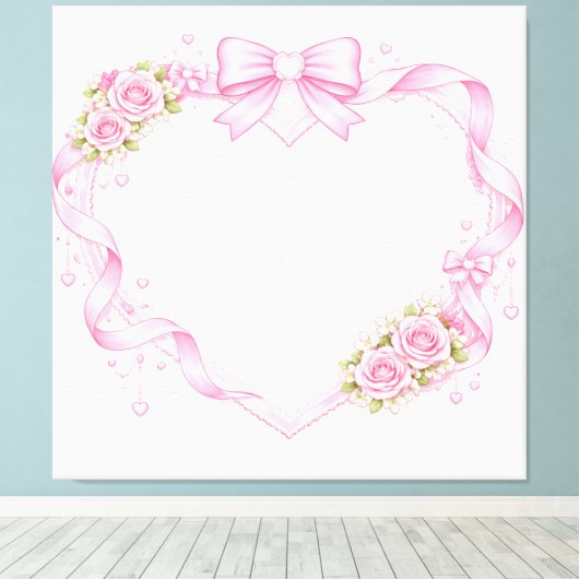 Pink Roses Heart Frame Bow Ribbon Floral Border Canvas Afdruk (Insitu (Houten vloer))