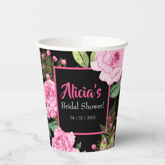 Pink Roses on Black Bridal Shower Papieren Bekers (Links)