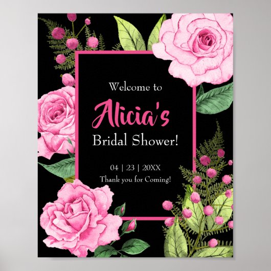Pink Roses on Black Bridal Shower Welcome Poster (Voorkant)