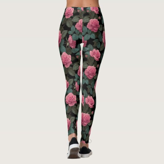 Pink Roses on Black Floral Pattern Leggings (Achterkant)