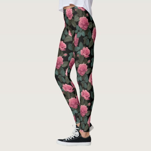 Pink Roses on Black Floral Pattern Leggings (Links)