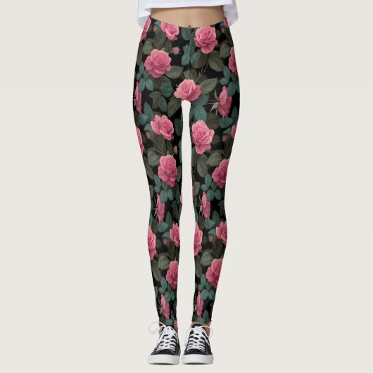 Pink Roses on Black Floral Pattern Leggings (Voorkant)
