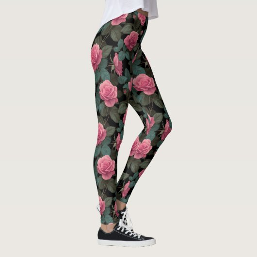 Pink Roses on Black Floral Pattern Leggings (Rechts)