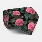 Pink Roses on Black Floral Pattern Stropdas (Opgerold)