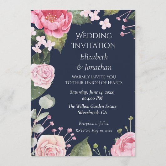 Pink Roses on Blue Customizable Wedding Invitation Kaart (Voorkant)