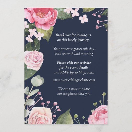 Pink Roses on Blue Customizable Wedding Invitation Kaart (Achterkant)