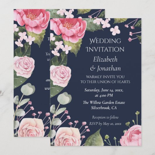 Pink Roses on Blue Customizable Wedding Invitation Kaart (Voorkant / Achterkant)