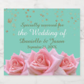 Pink Roses on Glitzy Aqua Sparkling Wine Label Sparkling Wijnetiket (Enkel label)