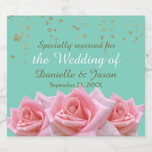 Pink Roses on Glitzy Aqua Sparkling Wine Label Sparkling Wijnetiket (Enkel label)