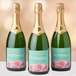Pink Roses on Glitzy Aqua Sparkling Wine Label Sparkling Wijnetiket