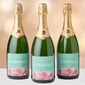 Pink Roses on Glitzy Aqua Sparkling Wine Label Sparkling Wijnetiket