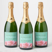 Pink Roses on Glitzy Aqua Sparkling Wine Label Wijnetiket (Flessen)