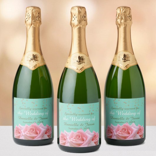 Pink Roses on Glitzy Aqua Sparkling Wine Label Wijnetiket