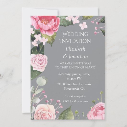 Pink Roses on Grey Customizable Wedding Invitation (Voorkant)