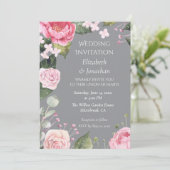 Pink Roses on Grey Customizable Wedding Invitation (Staand voorkant)