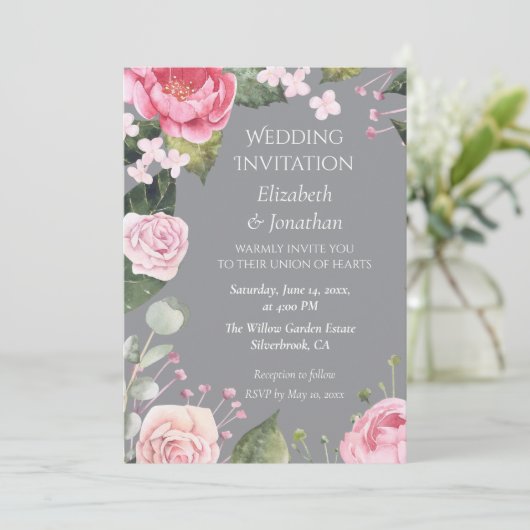 Pink Roses on Grey Customizable Wedding Invitation (Staand voorkant)
