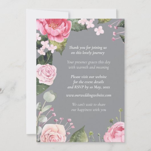 Pink Roses on Grey Customizable Wedding Invitation (Achterkant)