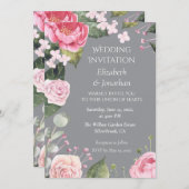 Pink Roses on Grey Customizable Wedding Invitation (Voorkant / Achterkant)
