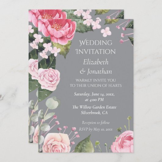 Pink Roses on Grey Customizable Wedding Invitation (Voorkant / Achterkant)