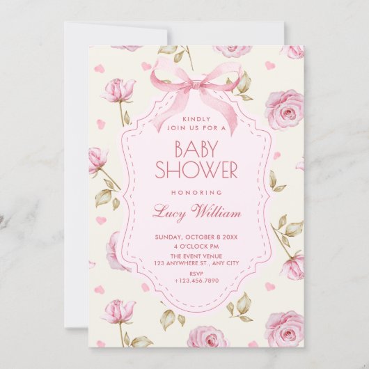 Pink roses pattern bow baby shower kaart (Voorkant)