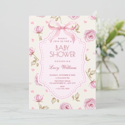Pink roses pattern bow baby shower kaart (Staand voorkant)